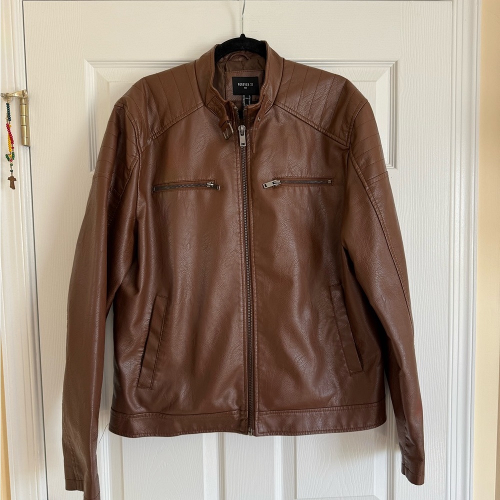 OPEN TO OFFERS!!! Forever 21 Men's Chestnut Faux Leather Bomber Jacket